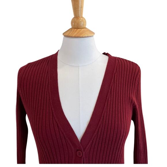 Lands' End Cotton Blend Burgundy V-Neck Ribbed Long Sleeve Cardigan Sweater, M - Picture 2 of 11